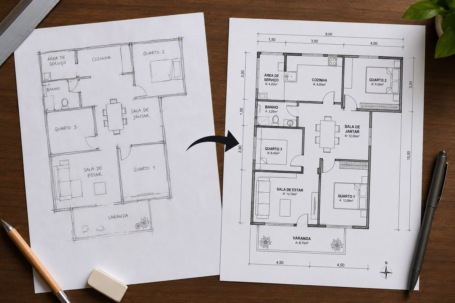 Rascunho transformado em planta baixa técnica — casa com 3 quartos