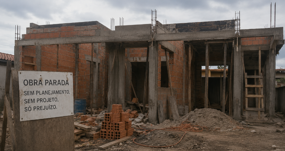 Obra parada por falta de planejamento, ilustrando o risco de construir sem um projeto técnico